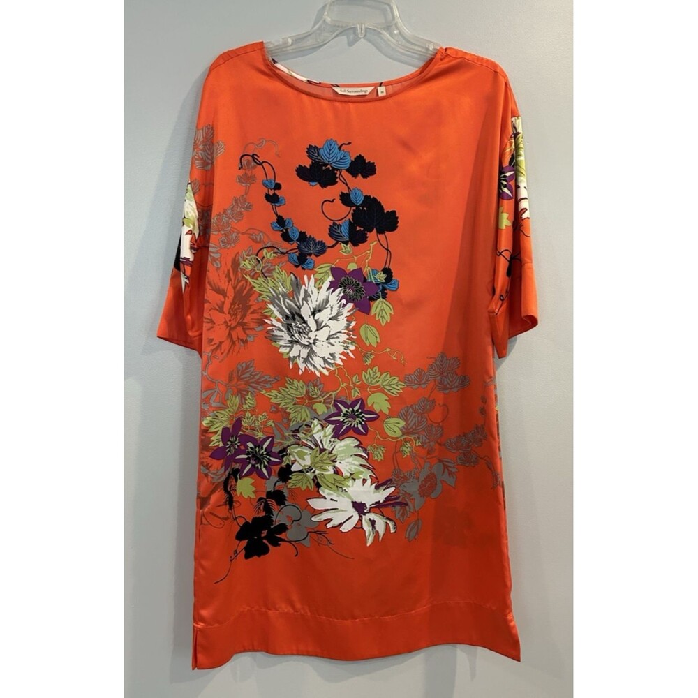 Soft Surroundings Kimono Shift Dress Womens XS Orange Satin Floral Asian Artsy